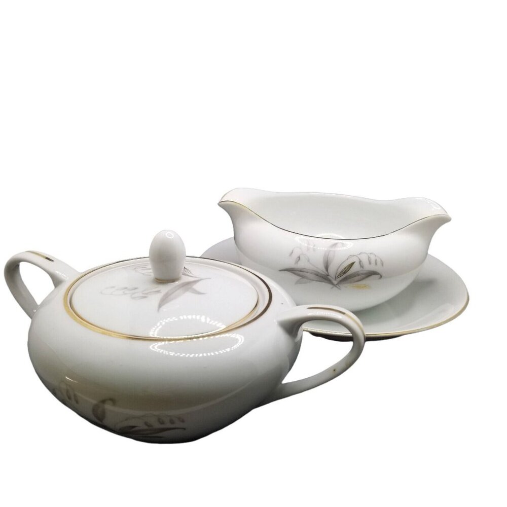 Kaysons Fine China Golden Rhapsody 1961 Vintage Gravy Boat w Plate & Sugar Dish